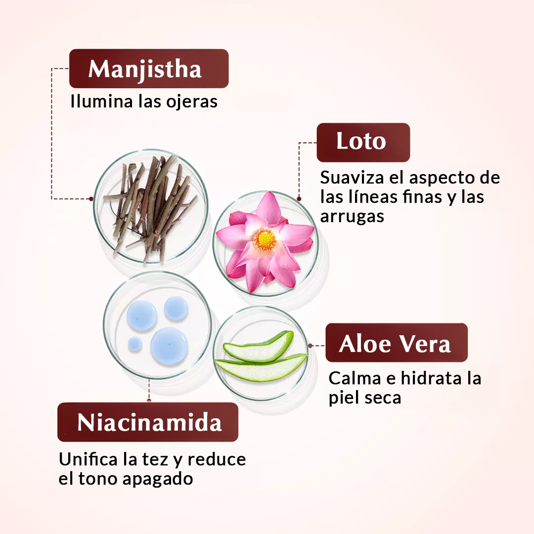 Emulsión para el área alrededor de los ojos Rufolia - Ilumina, suaviza y reafirma los ojos con manjistha, aloe vera, niacinamida y ácido hialurónico - Carousel