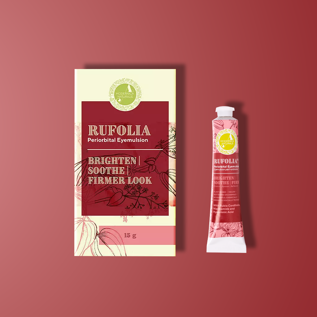 Emulsión para el área alrededor de los ojos Rufolia - Ilumina, suaviza y reafirma los ojos con manjistha, aloe vera, niacinamida y ácido hialurónico - Carousel